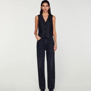 Sandro Waly Rhinestone Jeans Black Size 36 | High Rise Straight/Wide Leg
